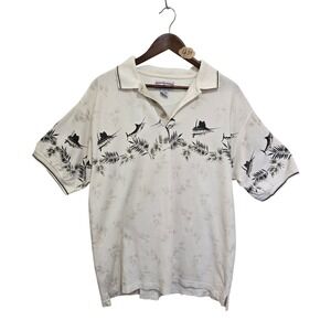 Boca Classics Mens XL Cream Marlin Palm Tree Waffle Knit Polo Shirt Short Sleeve